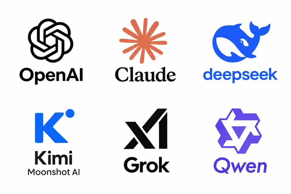 Logos of six AI model providers: OpenAI, Anthropic (Claude), DeepSeek, Moonshot AI (Kimi), xAI (Grok), and Alibaba (Qwen).