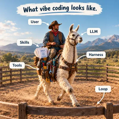 Illustration titled "What vibe coding looks like": a cowboy rides a llama inside a round corral, with labels mapping the metaphor — the rider is the User, the llama is the LLM, its tack is the Harness, papers in the saddlebag are Skills, a belt of tools is Tools, and the circular corral fence is the Loop.